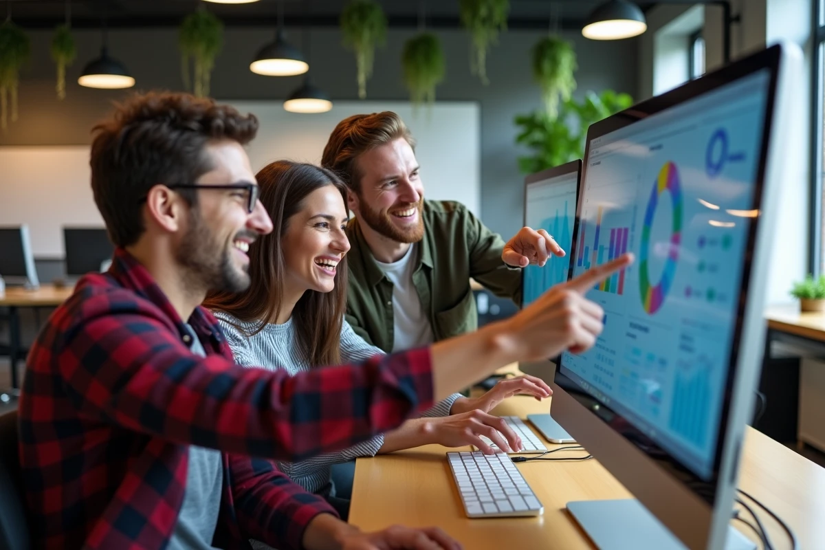 Groupe de professionnels tech early adopters analysant ensemble un tableau de bord RabbitFinder dans un espace de coworking