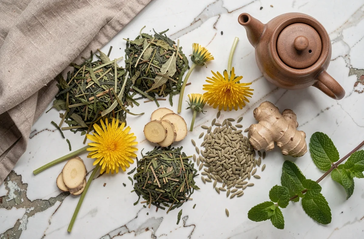 Assortiment de plantes et herbes naturelles pour préparer des tisanes minceur sur marbre blanc
