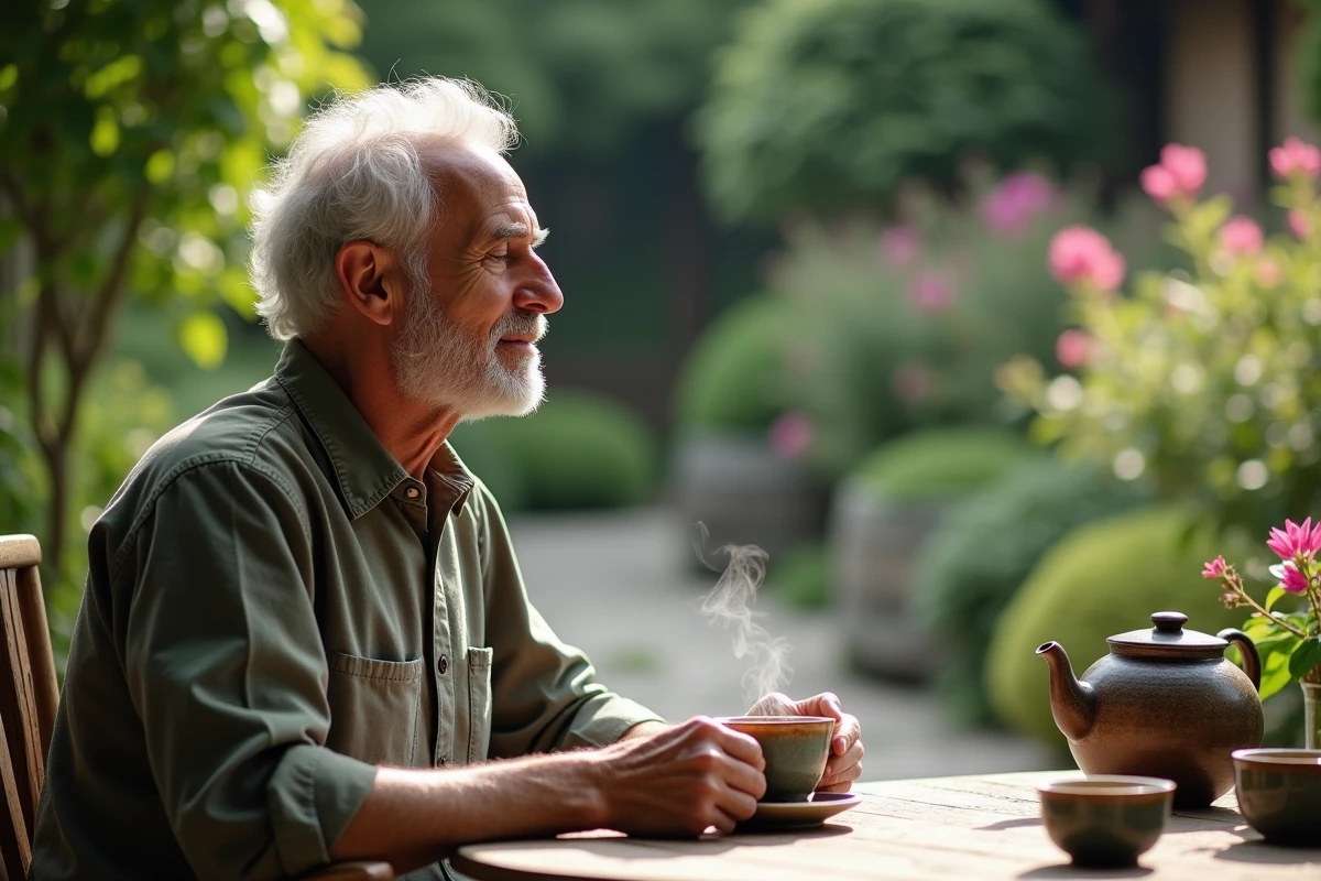 Homme âgé dégustant un thé dans un jardin verdoyant