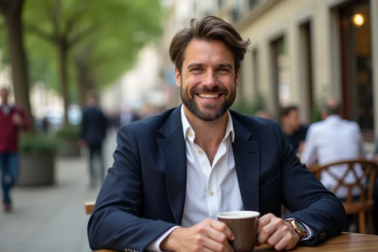 Homme souriant dans un café parisien en terrasse
