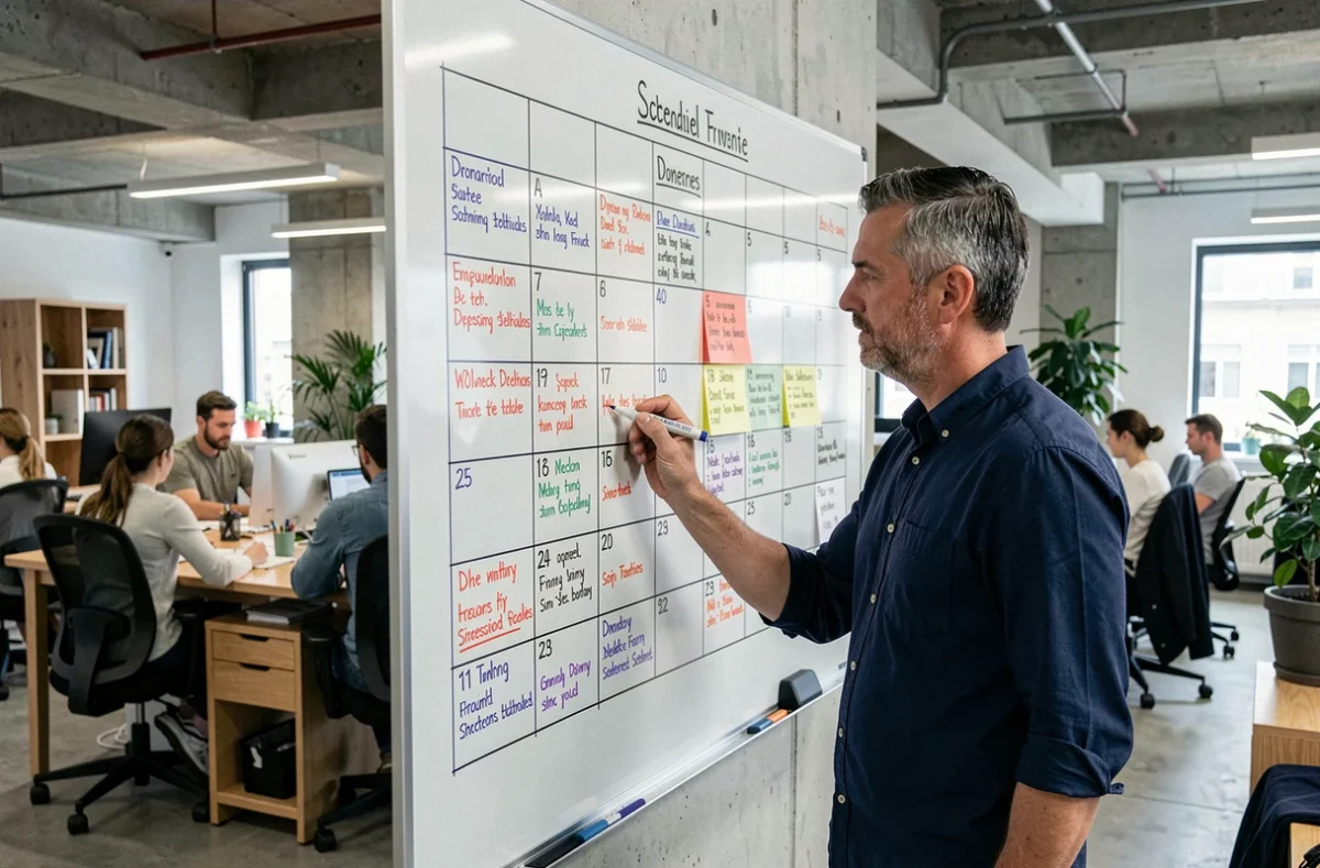Homme d'affaires inscrivant des tâches planifiées sur un grand calendrier mural blanc dans un open space moderne