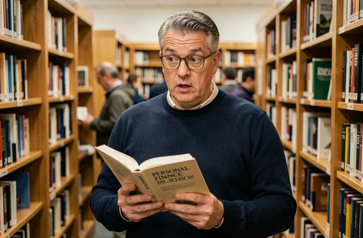 Homme d'âge mûr lisant un livre sur la finance personnelle dans une bibliothèque, l'air pensif et découvrant des idées nouvelles sur la gestion de l'argent