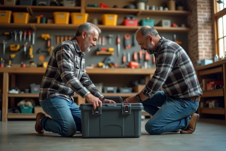 Homme d'âge moyen organise une boîte à outils dans un atelier