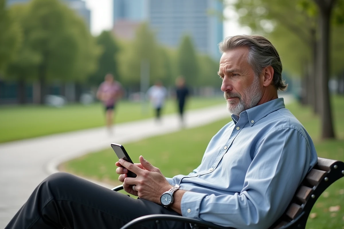 Homme détendu dans un parc urbain en train de consulter son smartphone