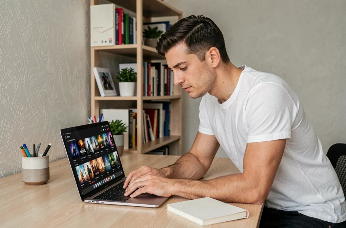 Homme consultant une plateforme de streaming sur son ordinateur portable dans un bureau à domicile