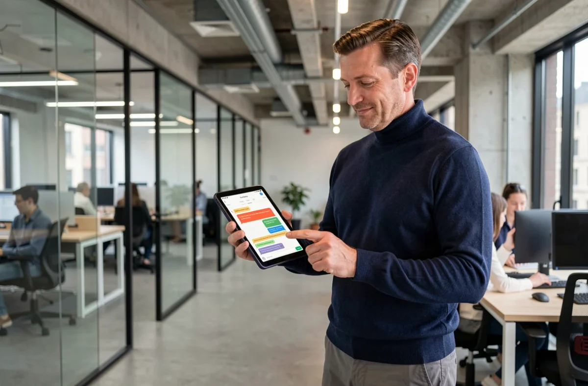Homme consultant un blog sur les chatbots sur une tablette dans un espace de coworking contemporain