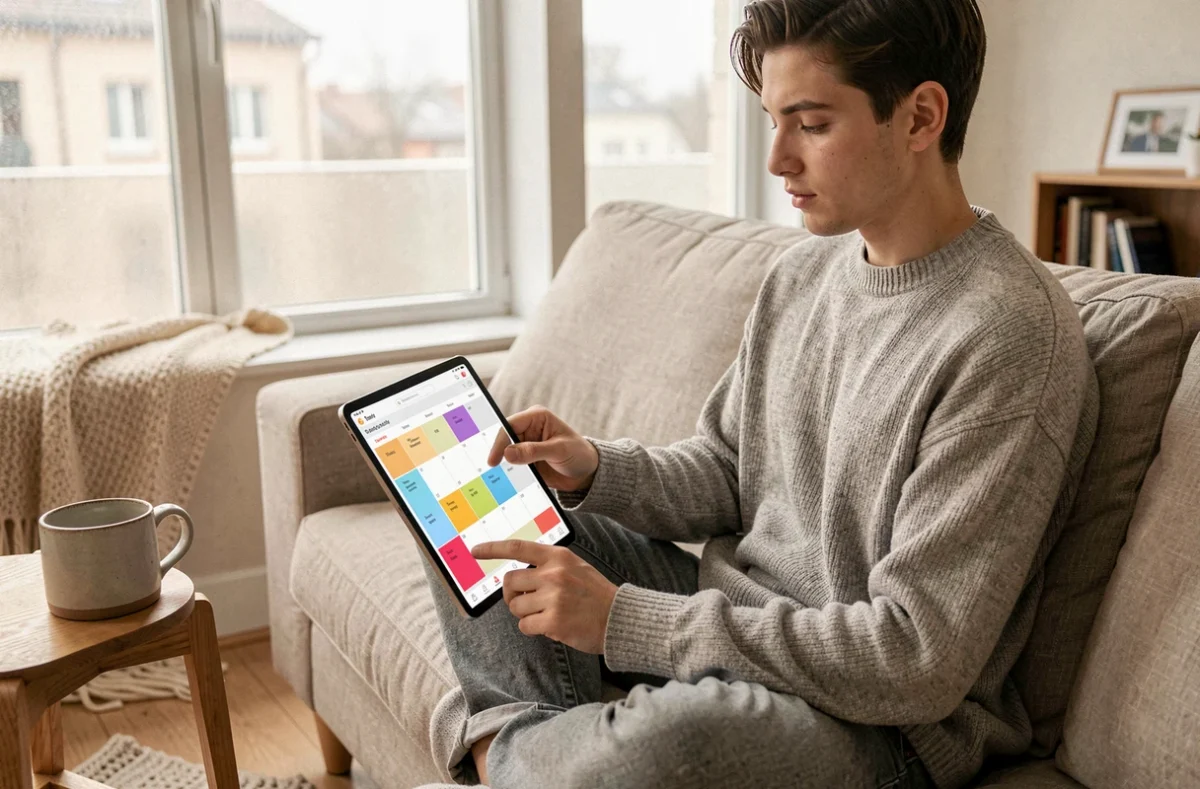 Jeune adulte consultant une application de calendrier annuel sur tablette numérique dans un salon au style scandinave