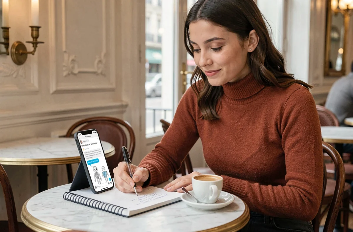 Jeune femme prenant des notes sur un blog chatbot depuis son smartphone dans un café parisien