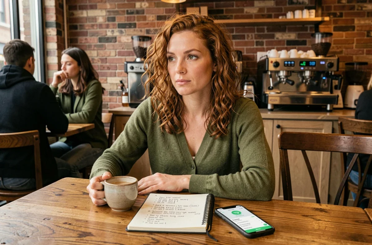 Jeune femme prenant des notes sur son budget dans un café, entourée d'un carnet financier et d'une application d'épargne sur smartphone, exprimant une prise en main de ses finances