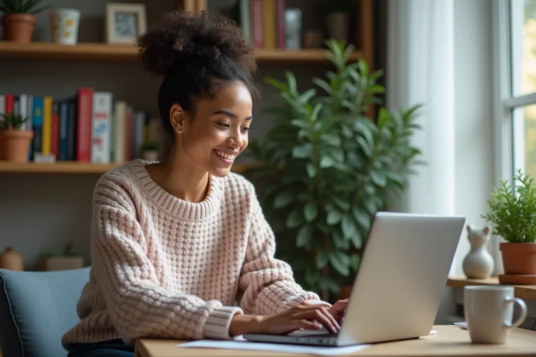 Jeune femme concentrée sur son ordinateur dans un bureau cosy