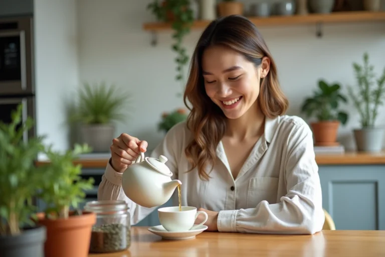 Jeune femme versant du thé bio dans une tasse en céramique