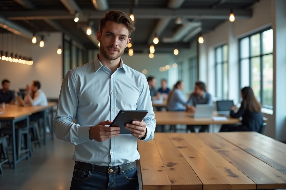 Jeune homme discutant digital dans espace coworking