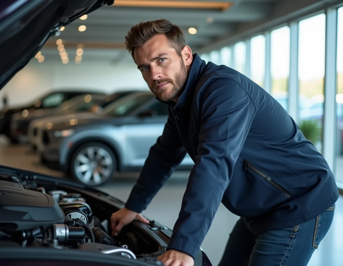 Journaliste automobile inspectant le moteur d'un SUV hybride dans un showroom moderne en 2024