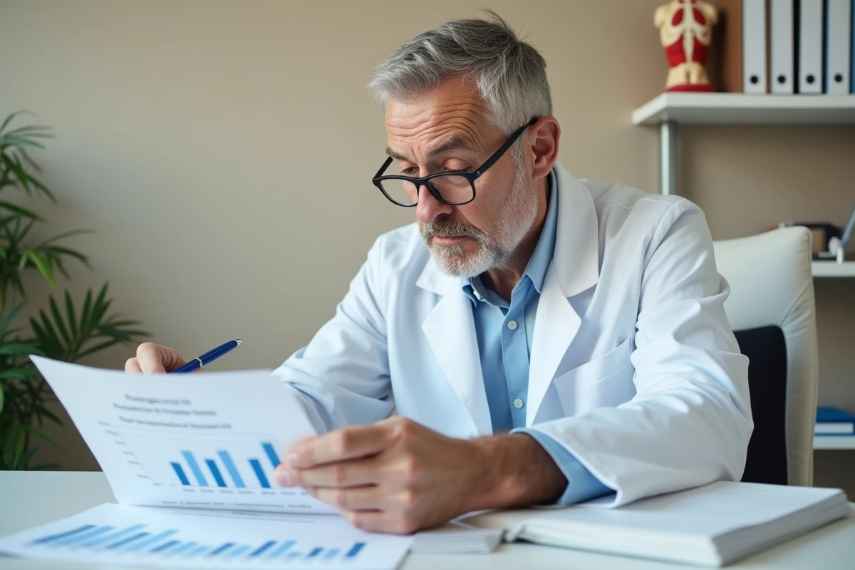 Médecin français consultant un graphique démographique sur la longévité et la proportion de la population atteignant 95 ans