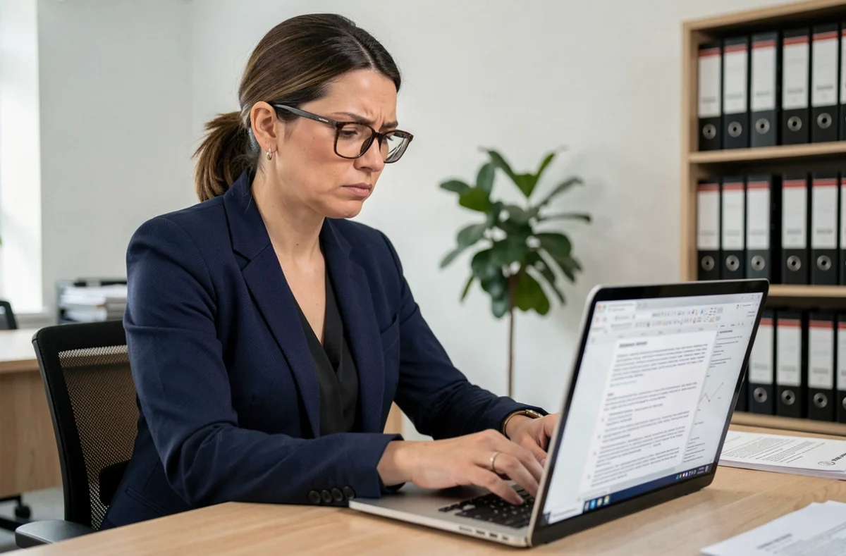 Femme professionnelle consultant des documents légaux sur un ordinateur portable dans un bureau moderne