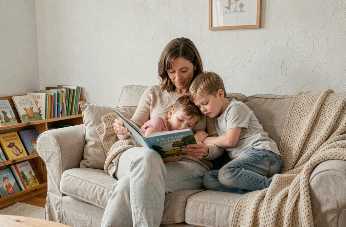 Mère lisant un livre illustré à ses deux enfants blottis sur un canapé, évoquant un moment de parentalité bienveillante et de lien familial fort