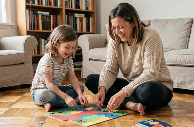 Mère et fille riant ensemble en assemblant un puzzle sur le parquet d'un salon cosy, illustrant le lien parent-enfant