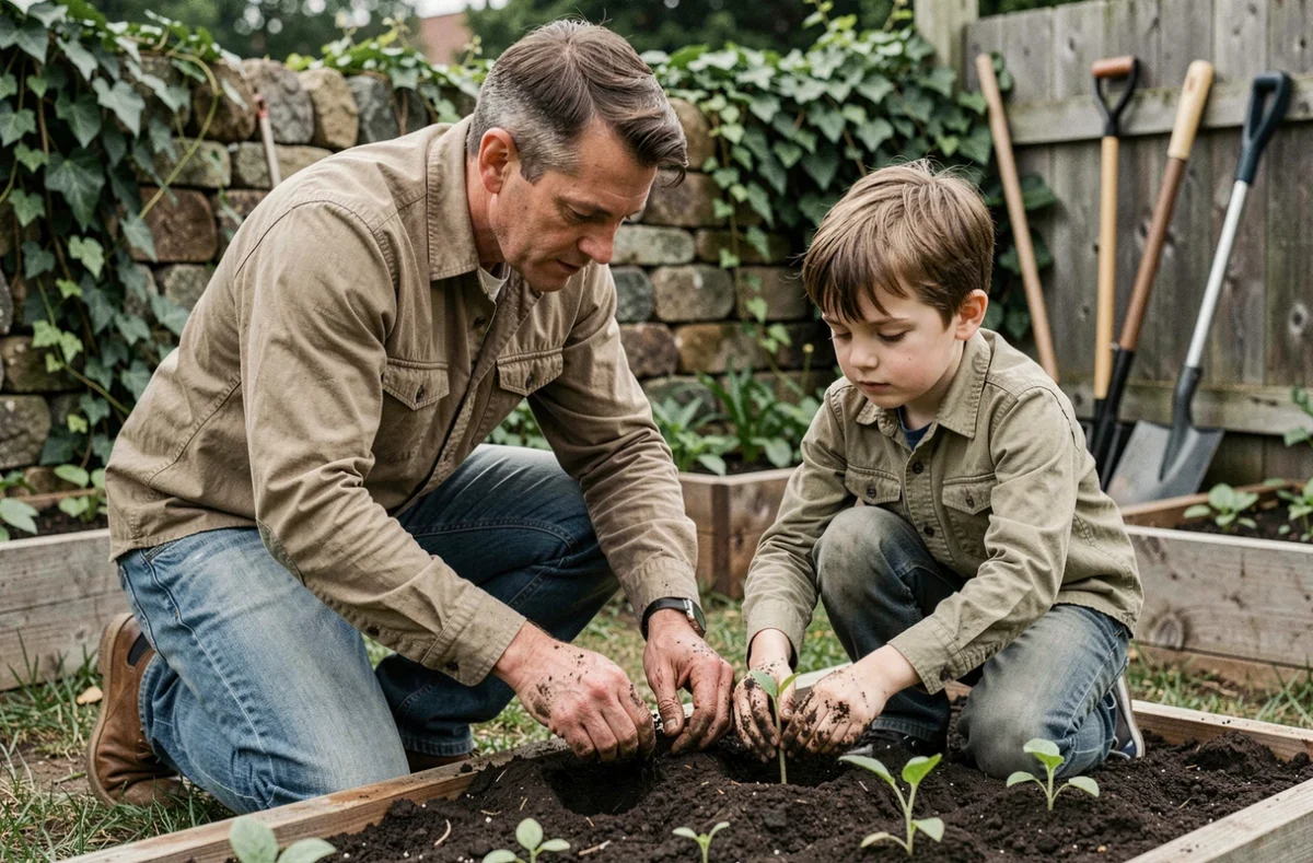 Père et fils plantant des semis dans un potager familial, symbolisant la complicité et la parentalité épanouie