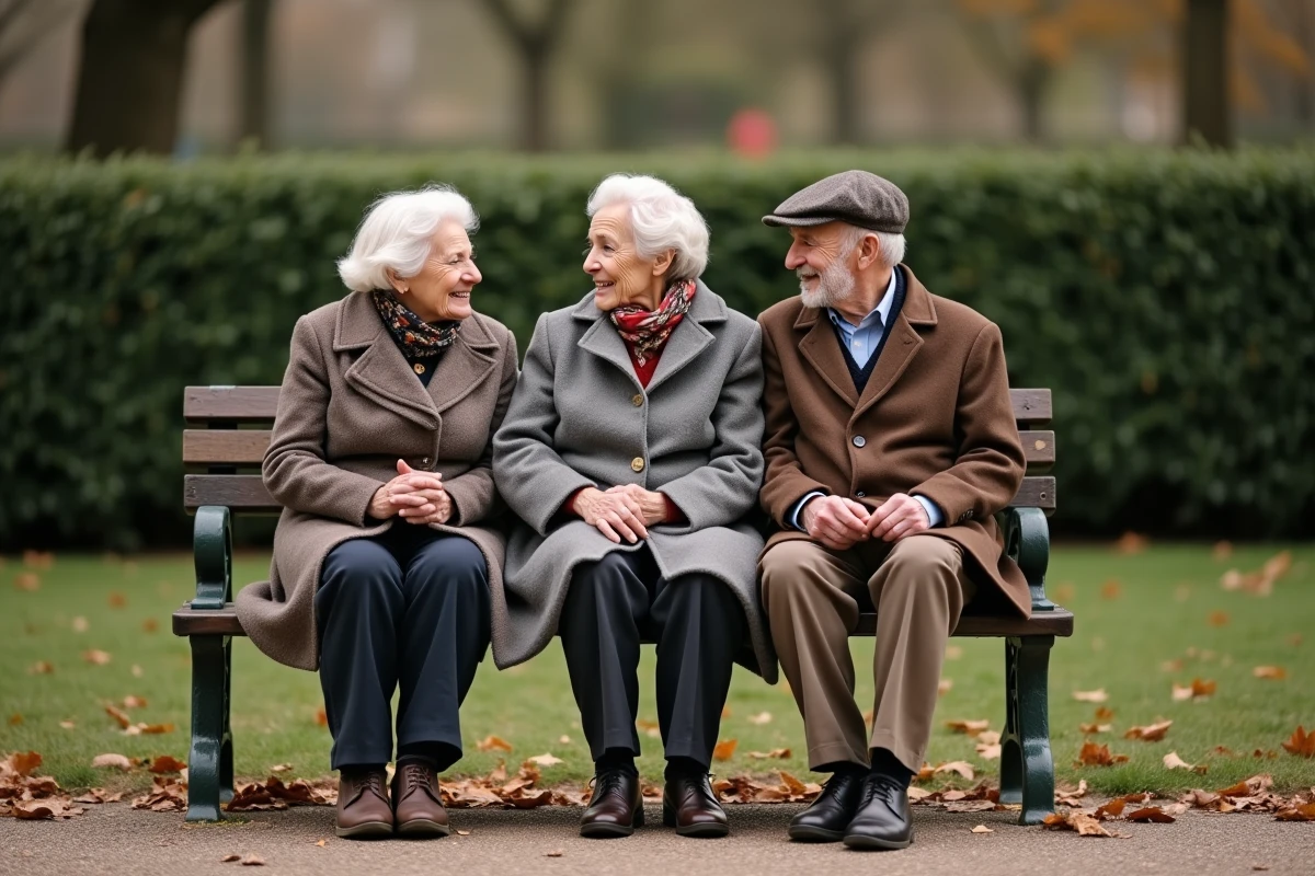 Trois personnes âgées de plus de 90 ans réunies sur un banc dans un jardin public en France lors d'une journée d'automne