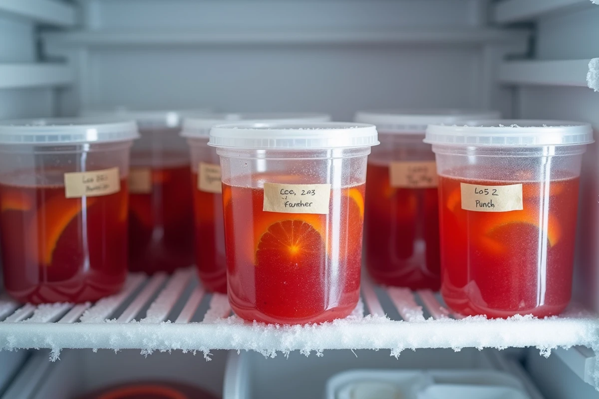 Contenants hermétiques et bacs à glaçons remplis de punch congelé rangés dans un congélateur avec étiquettes de dates