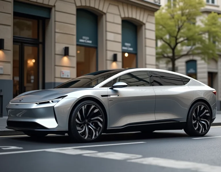 Berline électrique 2024 garée dans une rue parisienne moderne avec reflets sur la carrosserie argentée