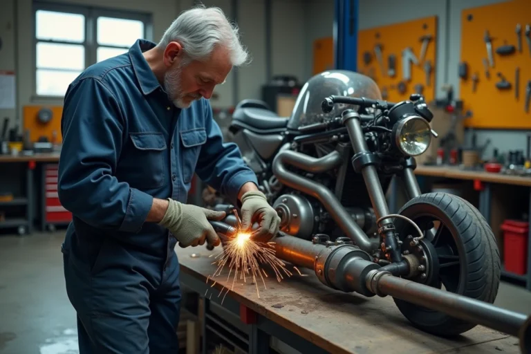 Mécanicien professionnel en train de transformer une moto en trike dans un atelier équipé