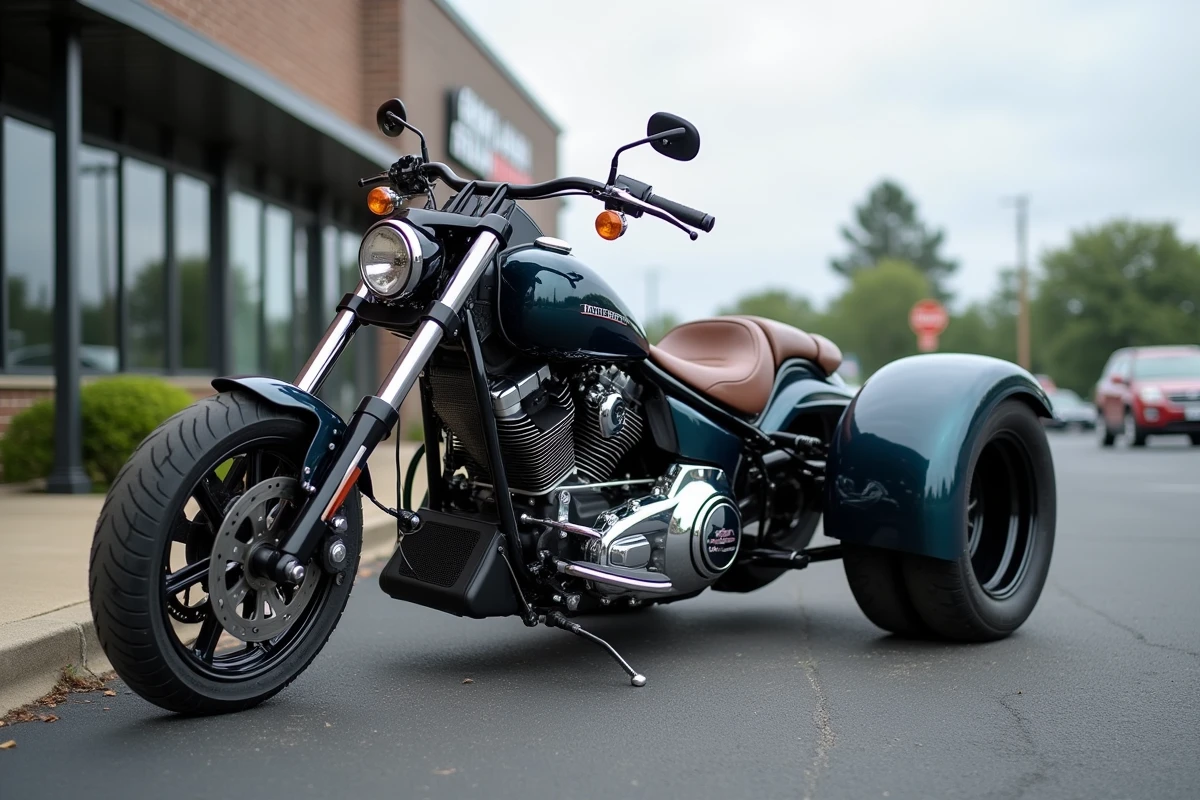 Trike custom terminé garé devant un concessionnaire moto, vue trois quarts avant