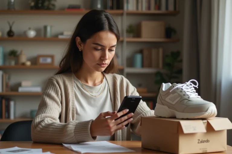 Femme examinant une sneaker reçue d'une commande Zalando pour vérifier son authenticité