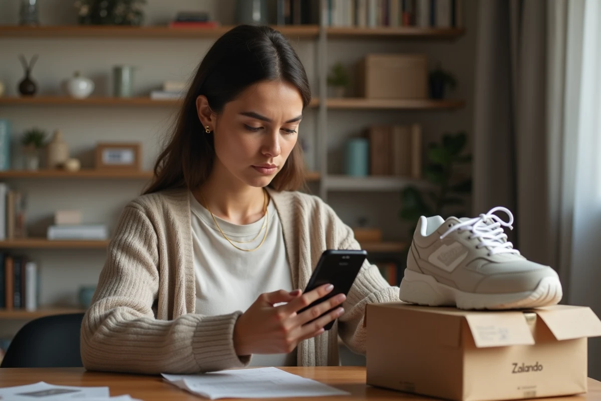 Femme examinant une sneaker reçue d'une commande Zalando pour vérifier son authenticité