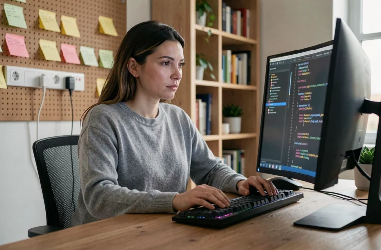 Webmaster femme en trentaine travaillant sur du code dans un bureau moderne à domicile avec double écran incurvé